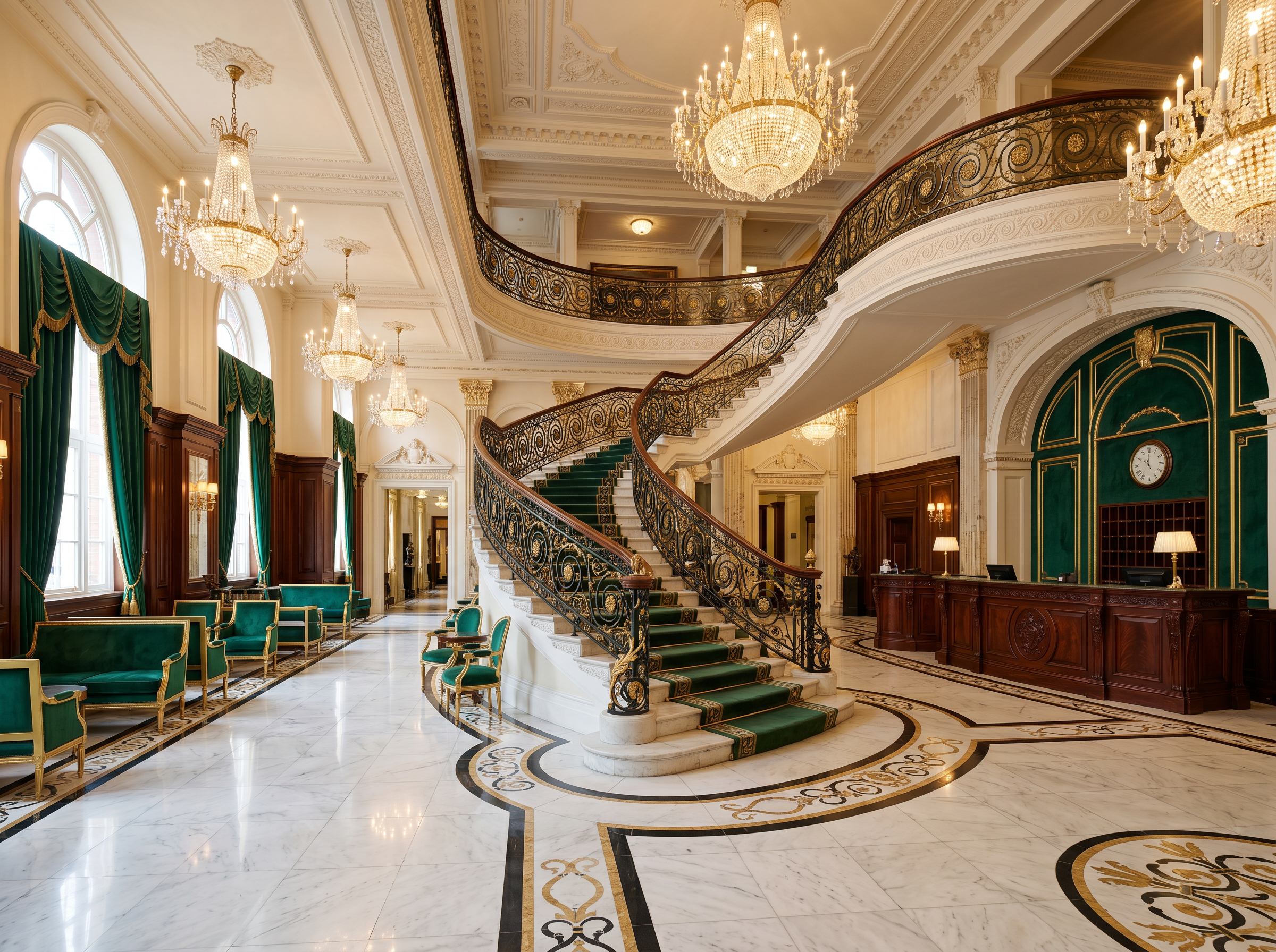 Elegant lobby interior of RankingSukHub hotel with marble staircase and chandeliers